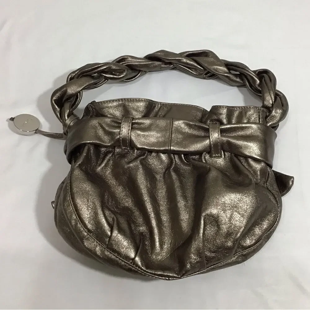 Furla Leather Gold Metallic Hobo Bag Braided Strap Bow Mini Handbag